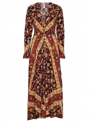 Fashion Boho Single-Beasted V Neck Long Sleeve Floral Maxi Dress