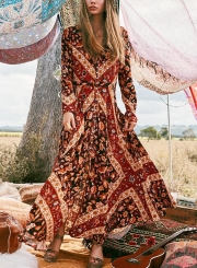 Fashion Boho Single-Beasted V Neck Long Sleeve Floral Maxi Dress