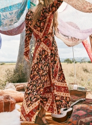 Fashion Boho Single-Beasted V Neck Long Sleeve Floral Maxi Dress