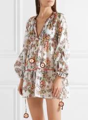 Boho Floral Print Long Sleeve V Neck Lace-Up Loose Mini Dress