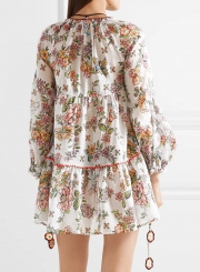 Boho Floral Print Long Sleeve V Neck Lace-Up Loose Mini Dress