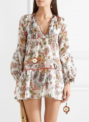 Boho Floral Print Long Sleeve V Neck Lace-Up Loose Mini Dress