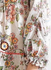 Boho Floral Print Long Sleeve V Neck Lace-Up Loose Mini Dress