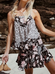 Boho Floral Print Spaghetti Strap Backless Ruffle Mini Dress