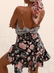 Boho Floral Print Spaghetti Strap Backless Ruffle Mini Dress