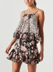 Boho Floral Print Spaghetti Strap Backless Ruffle Mini Dress