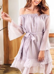 Summer Sexy Jacquard Off The Shoulder Long Sleeve Bow Tie Ruffle Dress