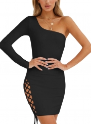 Sexy Irregular One Shoulder Lace-Up Hollow Out Night Club Bodycon Dress