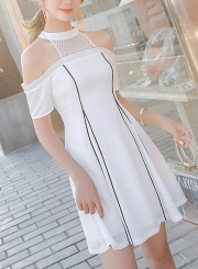 Sexy Off The Shoulder Short Sleeve Mesh Hollow Out A-line Dress With Zip