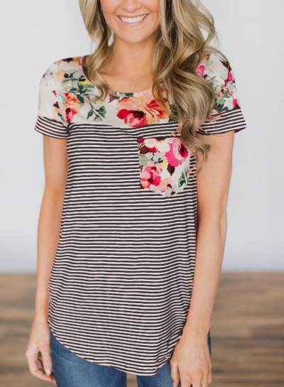 Summer Casual Loose Floral Printed Striped Round NeckTee With Pockets YOUYOUFASHIONEC.com