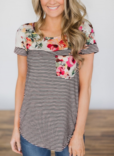 Summer Casual Loose Floral Printed Striped Round NeckTee With Pockets STYLESIMO.com
