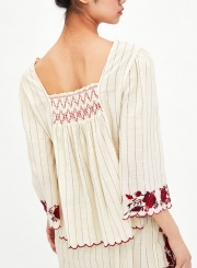 Casual Embroidered Long Sleeve Square Neck Loose Blouse