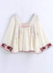 Casual Embroidered Long Sleeve Square Neck Loose Blouse