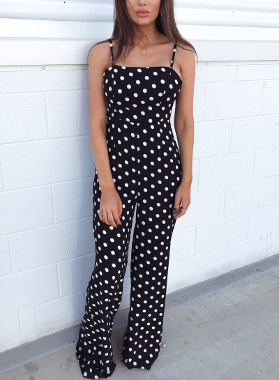 Fashion Polka Dots Backless Spaghetti Strap Back Bow Wide Leg Jumpsuit YOUYOUFASHIONEC.com