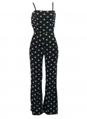 Fashion Polka Dots Backless Spaghetti Strap Back Bow Wide Leg Jumpsuit