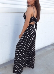 Fashion Polka Dots Backless Spaghetti Strap Back Bow Wide Leg Jumpsuit