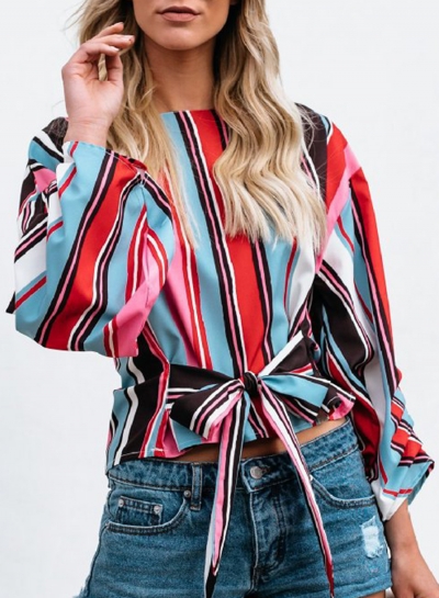 Casual Striped Long Sleeve Front Bow Loose Blouse YOUYOUFASHIONEC.com