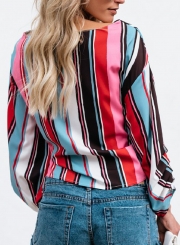 Casual Striped Long Sleeve Front Bow Loose Blouse