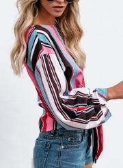 Casual Striped Long Sleeve Front Bow Loose Blouse