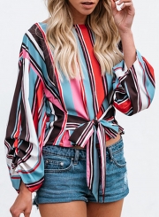 Casual Striped Long Sleeve Front Bow Loose Blouse