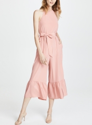 Fashion Sleeveless Waist BoW Tie Wide Leg Solid Jumpsuit