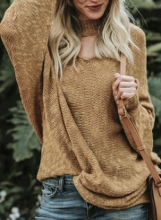 Casual Loose Long Sleeve V Neck Solid Hollow Out Pullover Sweater