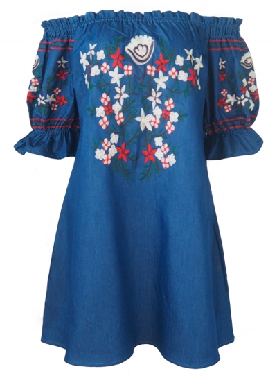 Summer Embroidered Off The Shoulder Half Sleeve Loose Bubble  Mini Dress STYLESIMO.com