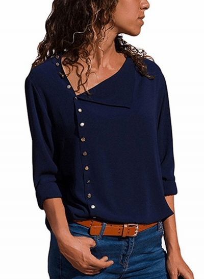 Fashion Irregular Long Sleeve Solid Button Down Shirt YOUYOUFASHIONEC.com