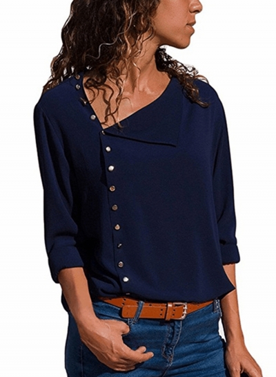 Fashion Irregular Long Sleeve Solid Button Down Shirt