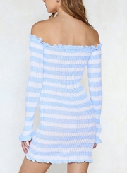 Fashion Off The Shoulder Long Sleeve Striped Knit Bodycon Dress