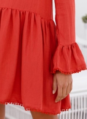 Fashion Solid Flare Sleeve Round Neck Back Tie Ruffle Hem Loose Dress