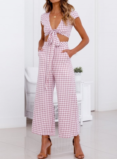 Sexy 2 Piece V Neck Short Sleeve Bow Crop Top Wide Leg Pants YOUYOUFASHIONEC.com