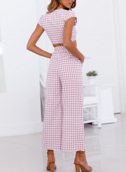 Sexy 2 Piece V Neck Short Sleeve Bow Crop Top Wide Leg Pants