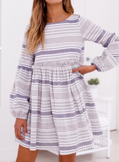 Casual Striped Round Neck Lantern Sleeve Backless Loose Dress