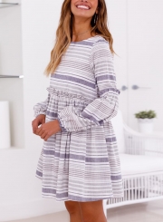 Casual Striped Round Neck Lantern Sleeve Backless Loose Dress