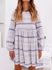 Casual Striped Round Neck Lantern Sleeve Backless Loose Dress