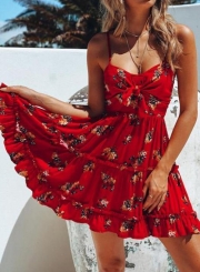 Sexy Floral Print Spaghetti Strap Front Knot Ruffle A-line Dress