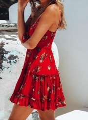 Sexy Floral Print Spaghetti Strap Front Knot Ruffle A-line Dress