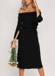 Fashion Off The Shoulder Half Sleeve Waist Bow Tie Slit Dress