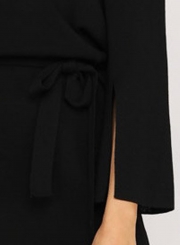 Fashion Off The Shoulder Half Sleeve Waist Bow Tie Slit Dress