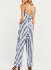 Casual Striped Spaghetti Strap Backless Button Down Wide Leg Jumpsuit