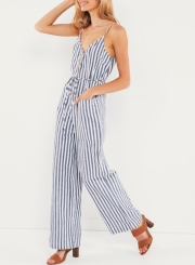 Casual Striped Spaghetti Strap Backless Button Down Wide Leg Jumpsuit