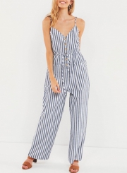 Casual Striped Spaghetti Strap Backless Button Down Wide Leg Jumpsuit