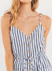 Casual Striped Spaghetti Strap Backless Button Down Wide Leg Jumpsuit