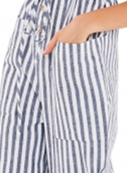 Casual Striped Spaghetti Strap Backless Button Down Wide Leg Jumpsuit