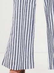 Casual Striped Spaghetti Strap Backless Button Down Wide Leg Jumpsuit