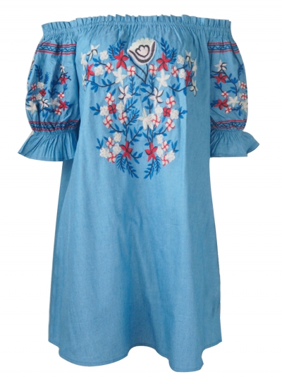 Summer Embroidered Off The Shoulder Half Sleeve Loose Bubble  Mini Dress YOUYOUFASHIONEC.com