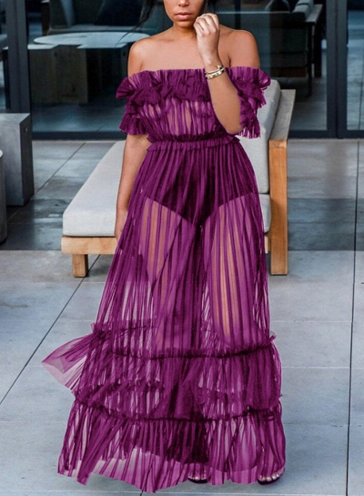 Purple Sexy Transparent Mesh Slash Neck Off The Shoulder High Waist Swing Dress