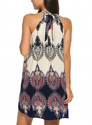 Loose Popper Printed Sleeveless Halter Neck Women Mini Dress