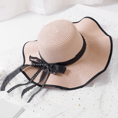 Casual Straw Floppy Foldable Beach Sunscreen Hat With Wave Ribbon